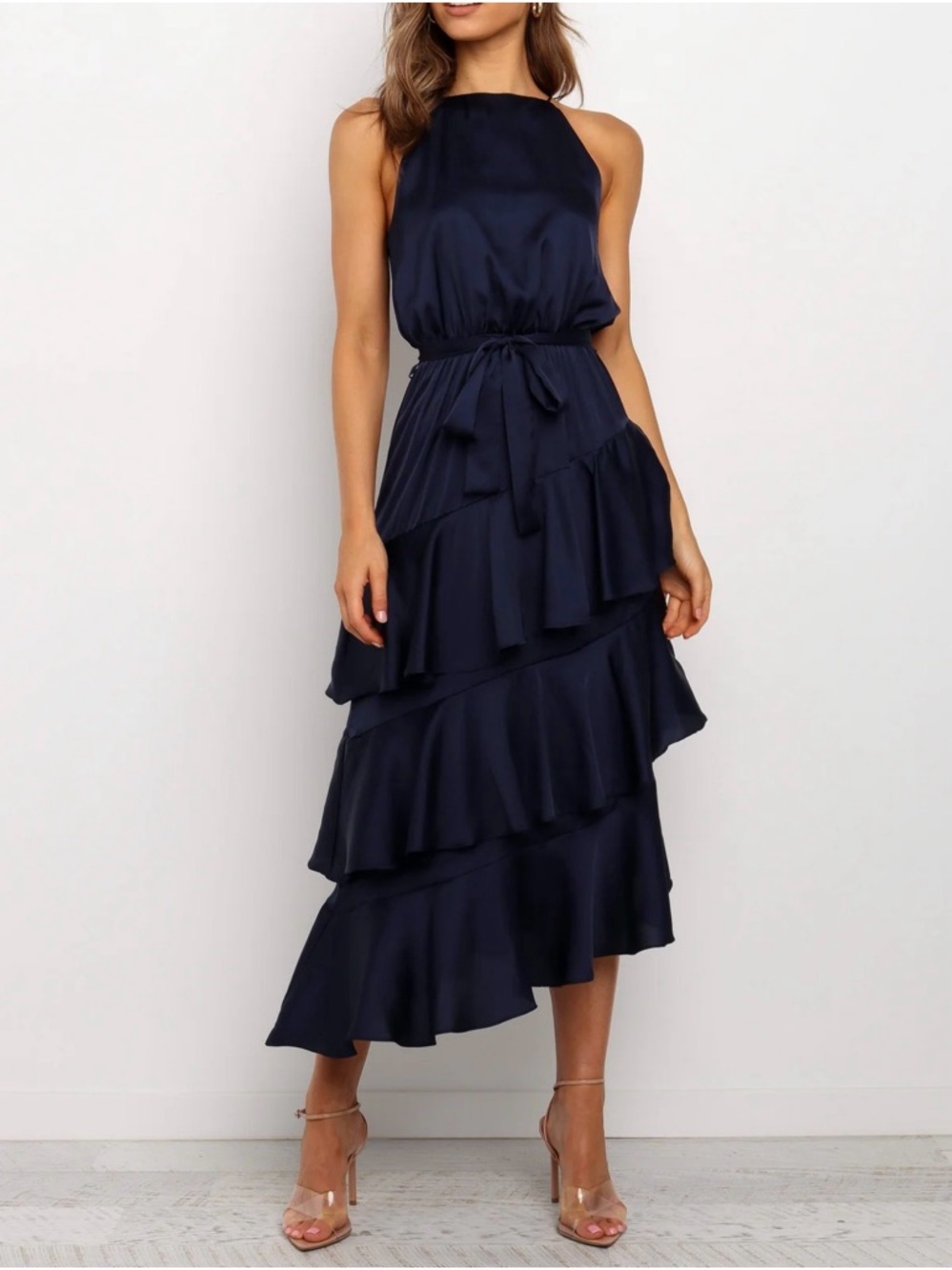 Elegant Navy Tiered Ruffle Maxi Dress - Women's